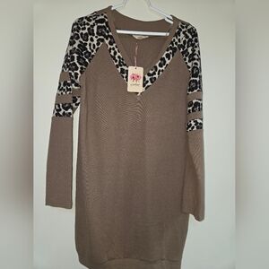 Entro Brown Sweater Dress with Leopard Print Accents
